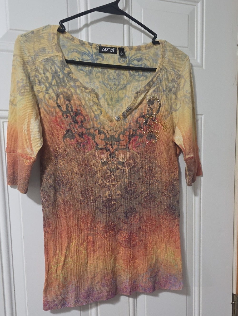 APT. 9 Women's Yellow Orange Ombre V-Neck Top with Embellishment